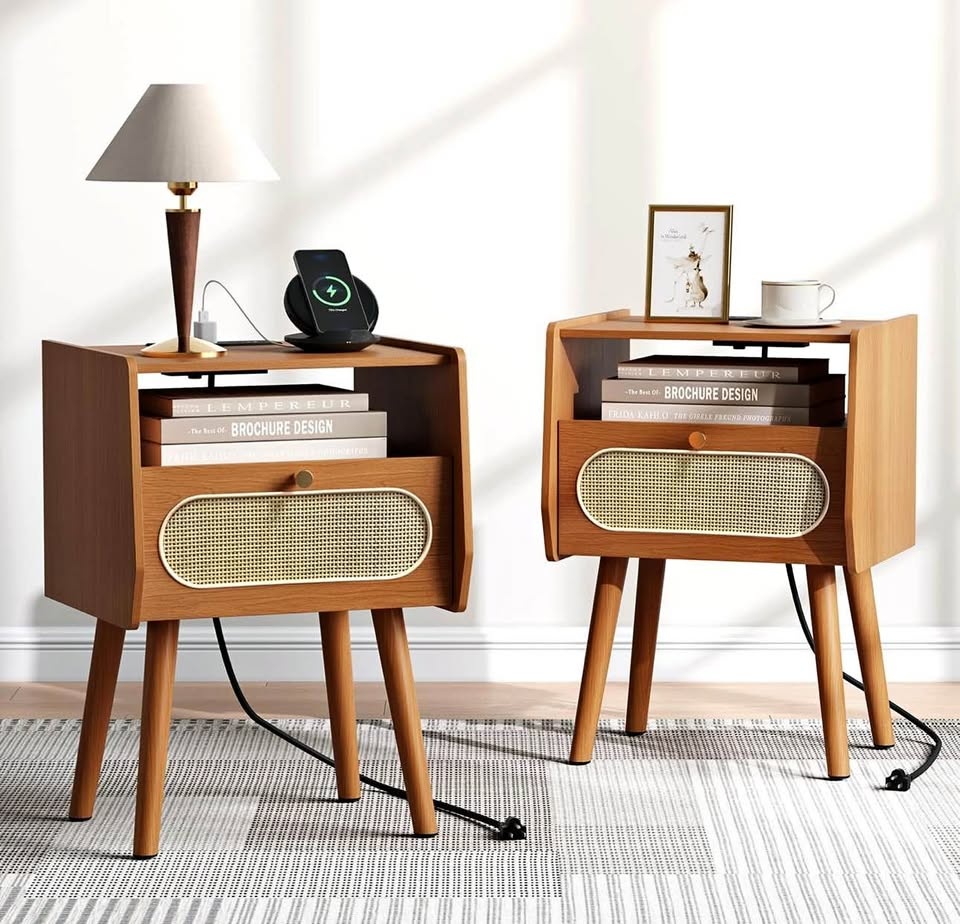 Set of 2 rattan bedside tables