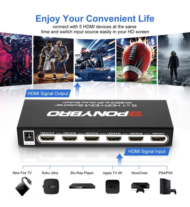 PONYBRO 5x1 4K HDR HDMI Switch with Remote - photo 3