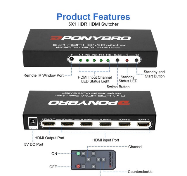 PONYBRO 5x1 4K HDR HDMI Switch with Remote - photo 4