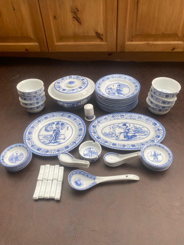 56 PCs Vintage Blue and White Porcelain Dinnerware Set