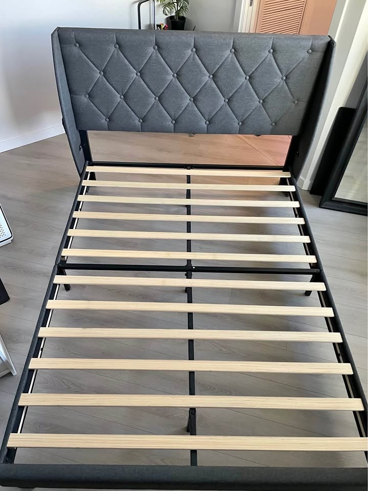 Modern Upholstered Queen Bed Frame – Grey (Excellent Condition)