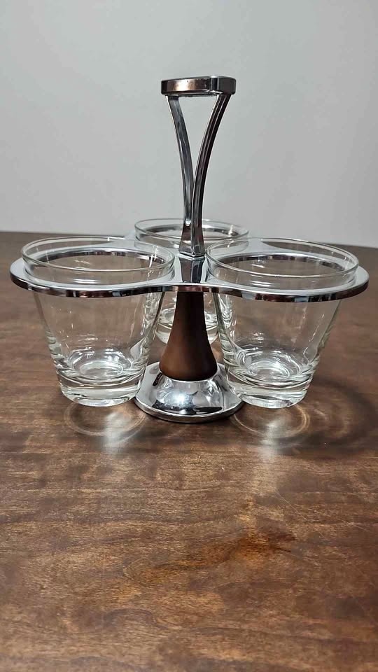 Condiment Server- Chrome, Glass, Wood- Lazy Susan Carousel