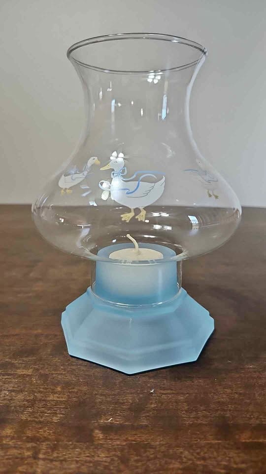 Geese Blue Ribbon Glass Candle Holder