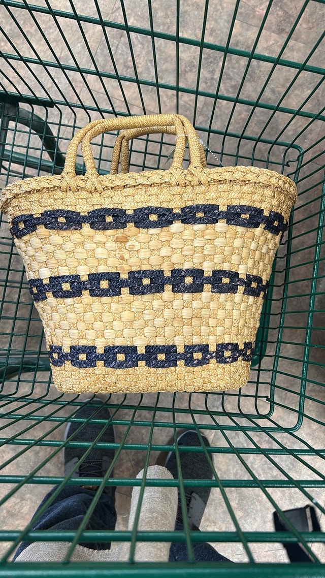 Straw Bag with Navy Blue Accents