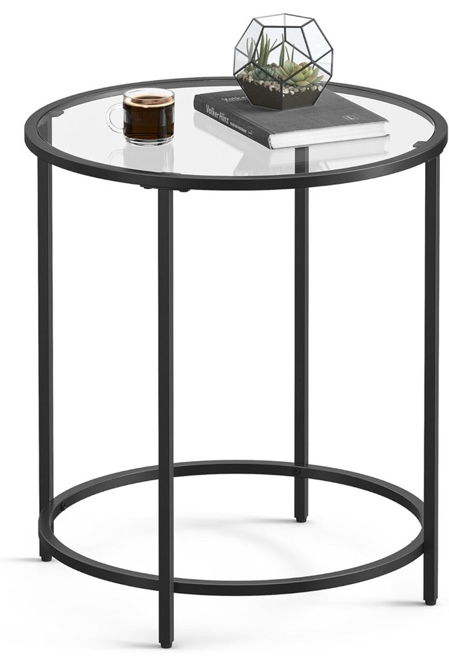 VASAGLE Round Side Table, Glass End Table