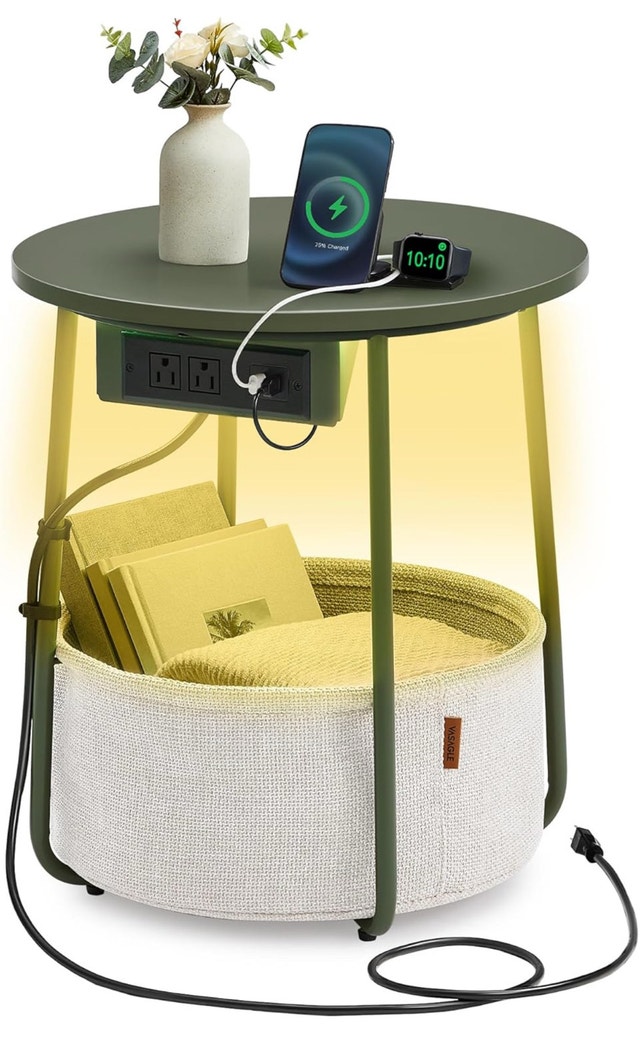 VASAGLE LILEA End Table w/ LED, USB, Outlets