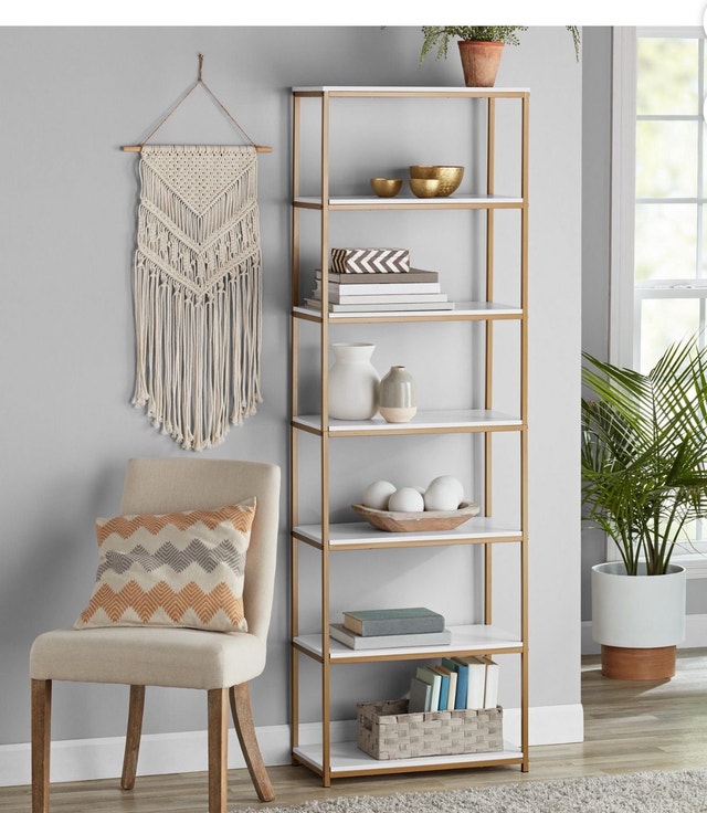 New-Mainstays 6-Shelf Bookcase, White/Gold