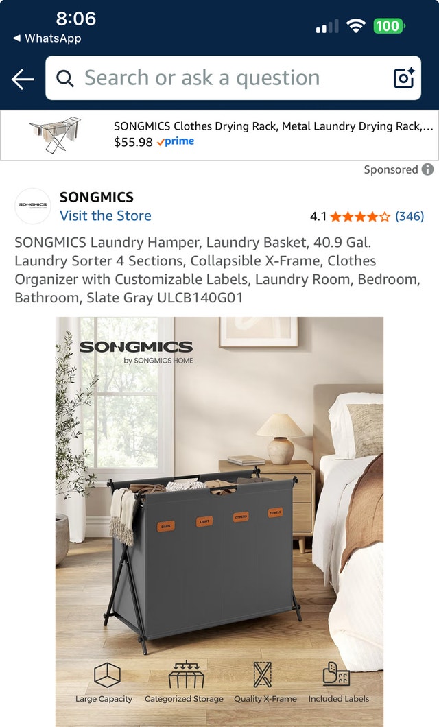 SONGMICS Laundry Hamper, Laundry Basket, 40.9 Gal. - photo 3