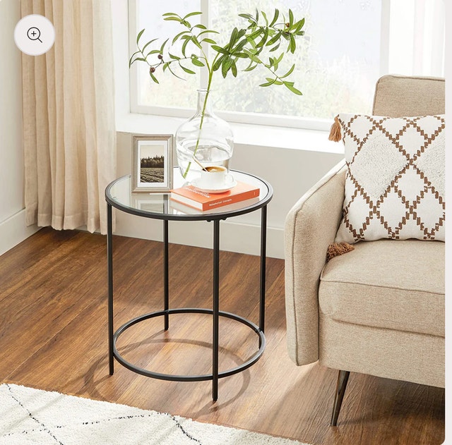 VASAGLE Round Side Table, Tempered Glass Top, Metal Frame