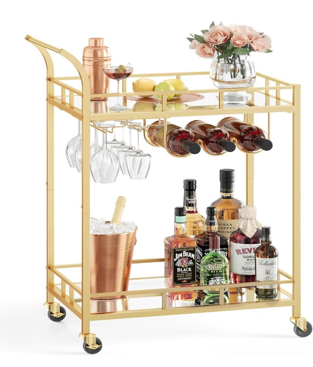 VASAGLE Bar Cart Gold, Home Bar Serving Cart, Wine Cart