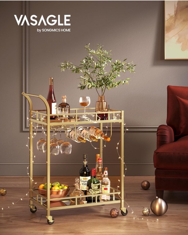 VASAGLE Bar Cart Gold, Home Bar Serving Cart, Wine Cart - photo 2