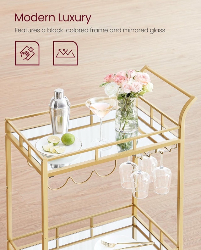 VASAGLE Bar Cart Gold, Home Bar Serving Cart, Wine Cart - photo 3