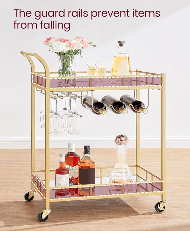 VASAGLE Bar Cart Gold, Home Bar Serving Cart, Wine Cart - photo 5