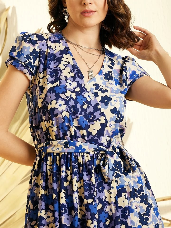 Blue Floral Printed V-Neck Wrap Midi Dress - photo 5
