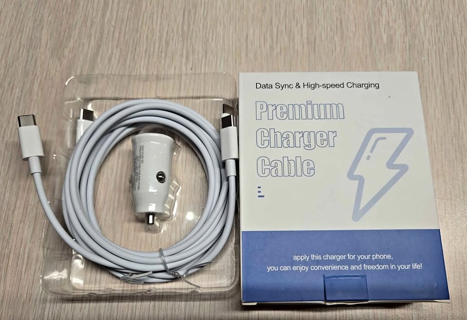 Premium car charger with dual USB C ports and 2 cables