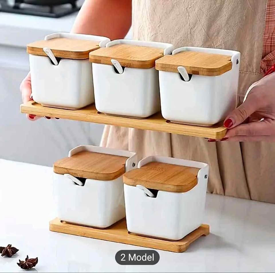 Brand new 3 ceramic condiment jars with bamboo lids