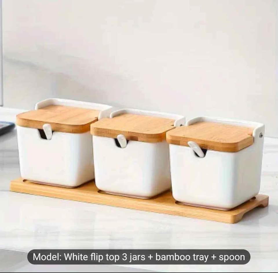 Brand new 3 ceramic condiment jars with bamboo lids - photo 3