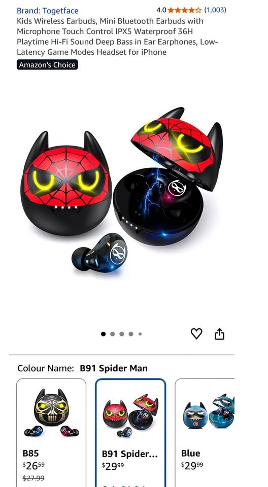 New Kids Spiderman Wireless Earbuds, Mini Bluetooth Earbuds