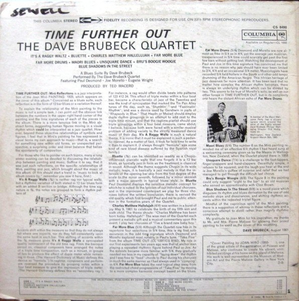 The Dave Brubeck Quartet - Time Further Out Vinyl (VG+) - photo 2