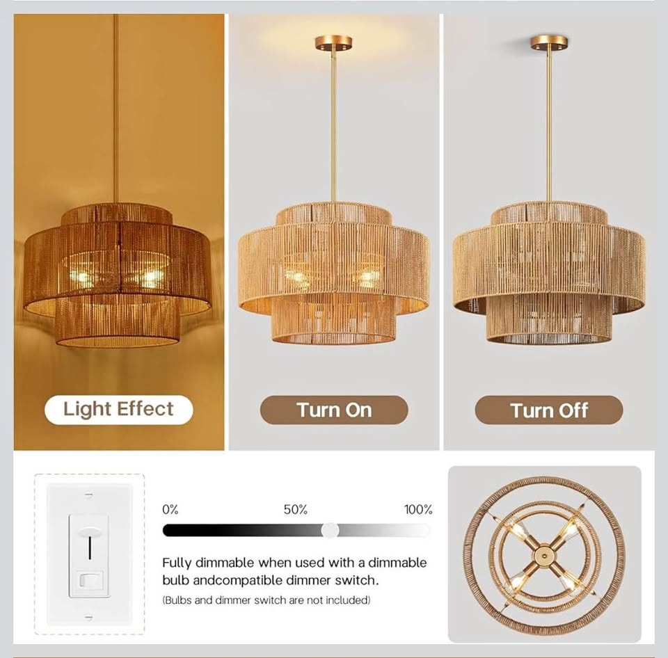 24'' Boho Rattan Chandelier, 4-Light