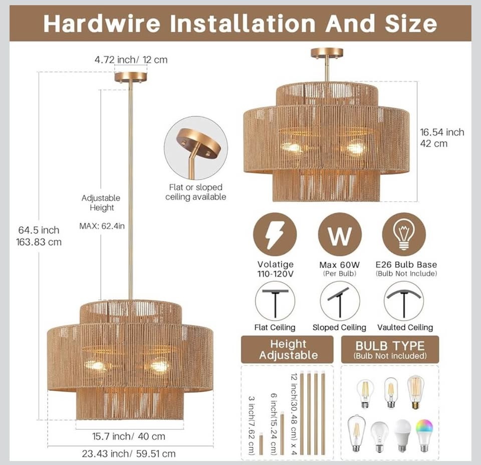 24'' Boho Rattan Chandelier, 4-Light - photo 2