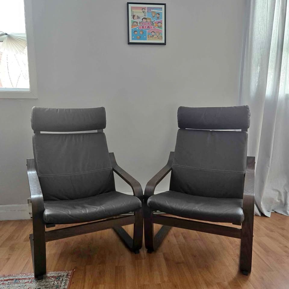Ikea Brown Leather Poang Chairs - Set of 2