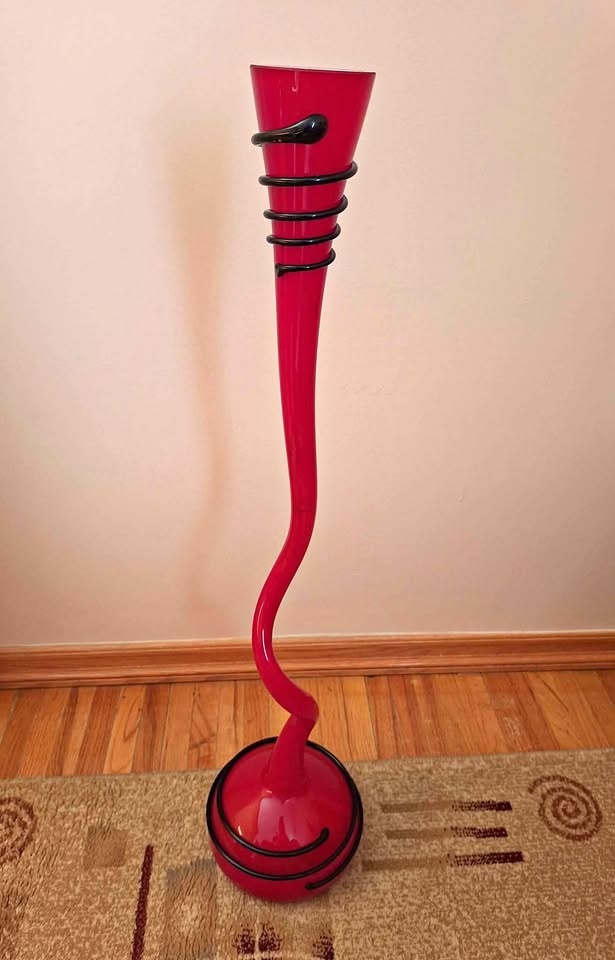 Art Glass Red Vase Twist Corkscrew Goose Neck 32.5" Tall