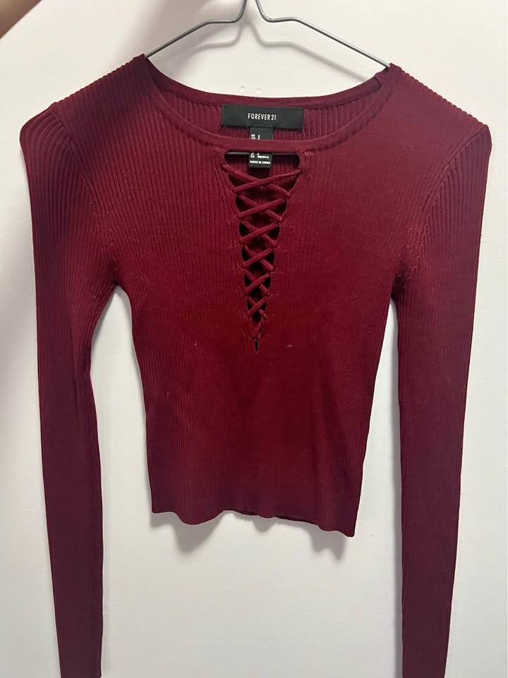 Forever 21 burgundy lace-up long sleeve top