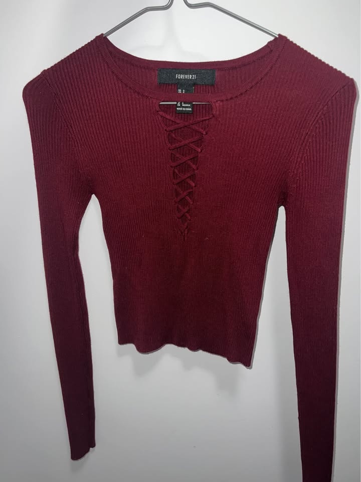 Forever 21 burgundy lace-up long sleeve top - photo 2