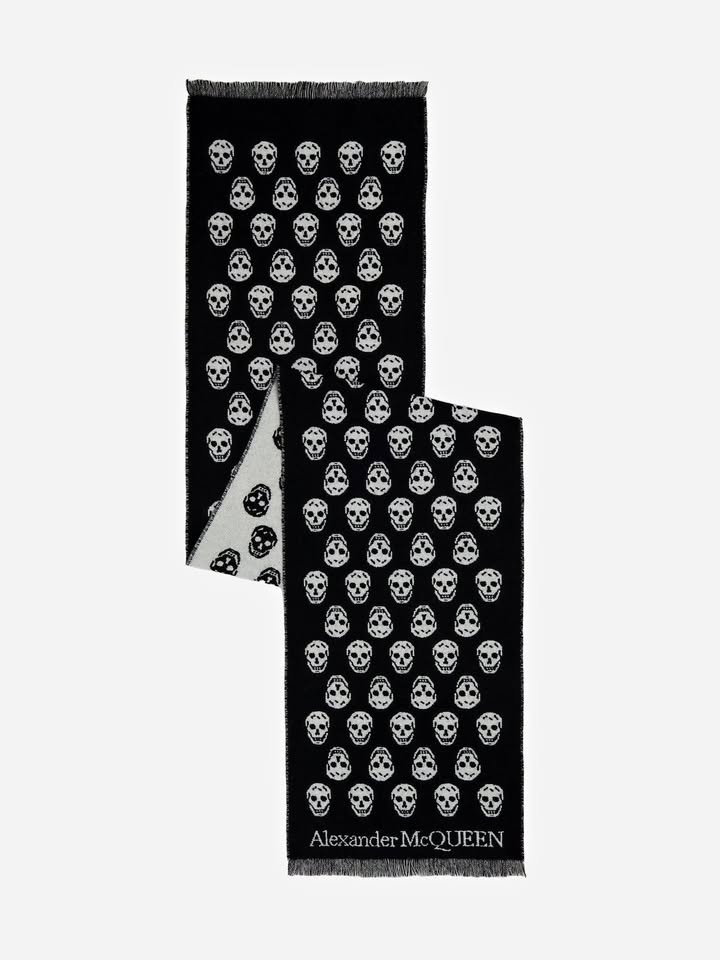 Alexander McQueen Skull Long Scarf Black Wool Italy Pre-owned