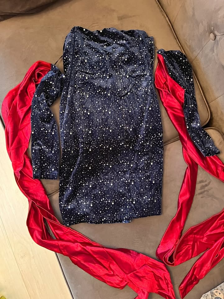 Velvet Starry Dress with Red Tie Detail