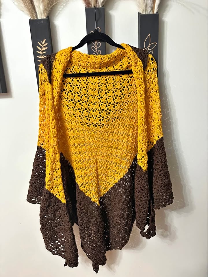 Mustard and Brown Crochet Hooded Shaw