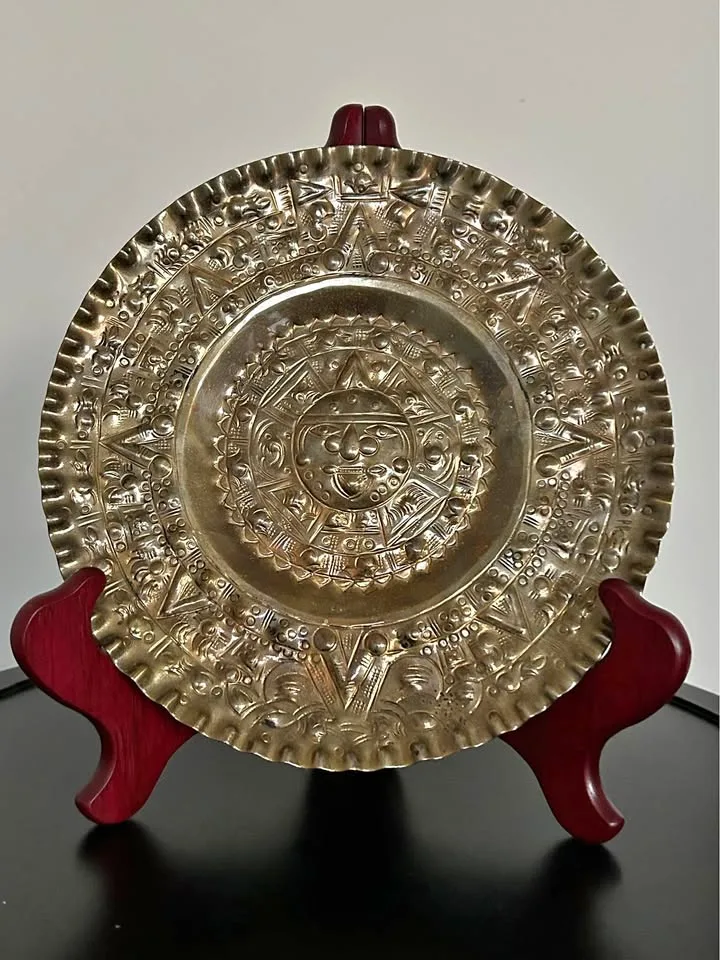 Decorative Brass Aztec Calendar Plate – Vintage Wall Hanging 8” thumbnail