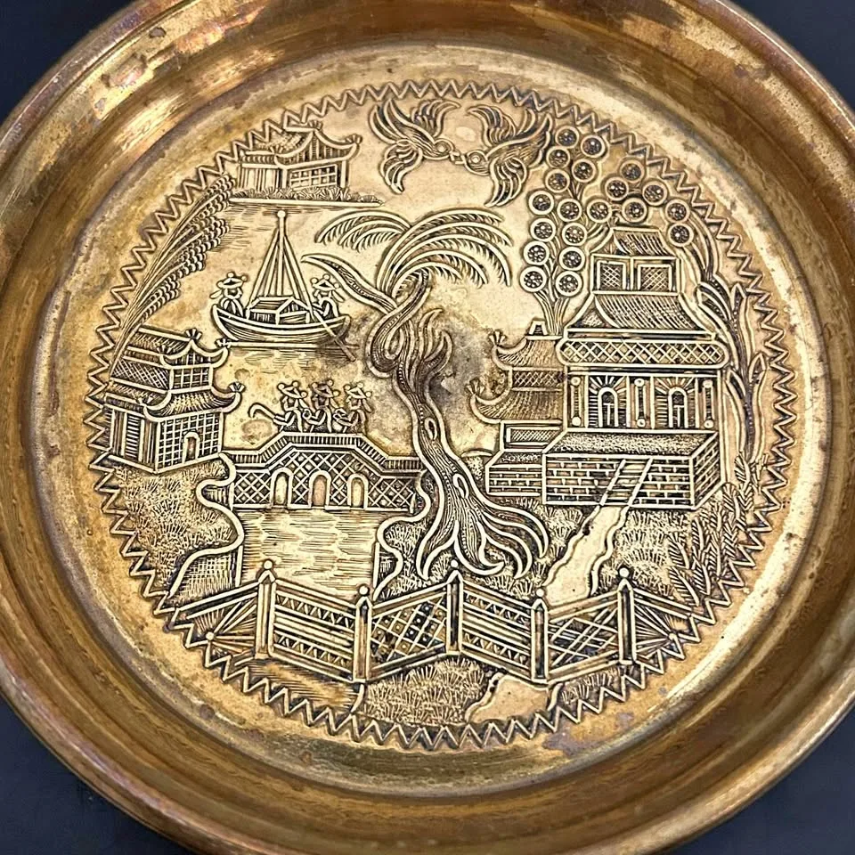 Vintage Small Brass Engraved Plate – Oriental Scene Design 4,5” thumbnail