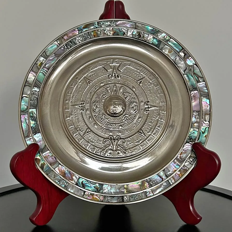 Vintage Mexican Alpaca Plate - Aztec Calendar 8" thumbnail