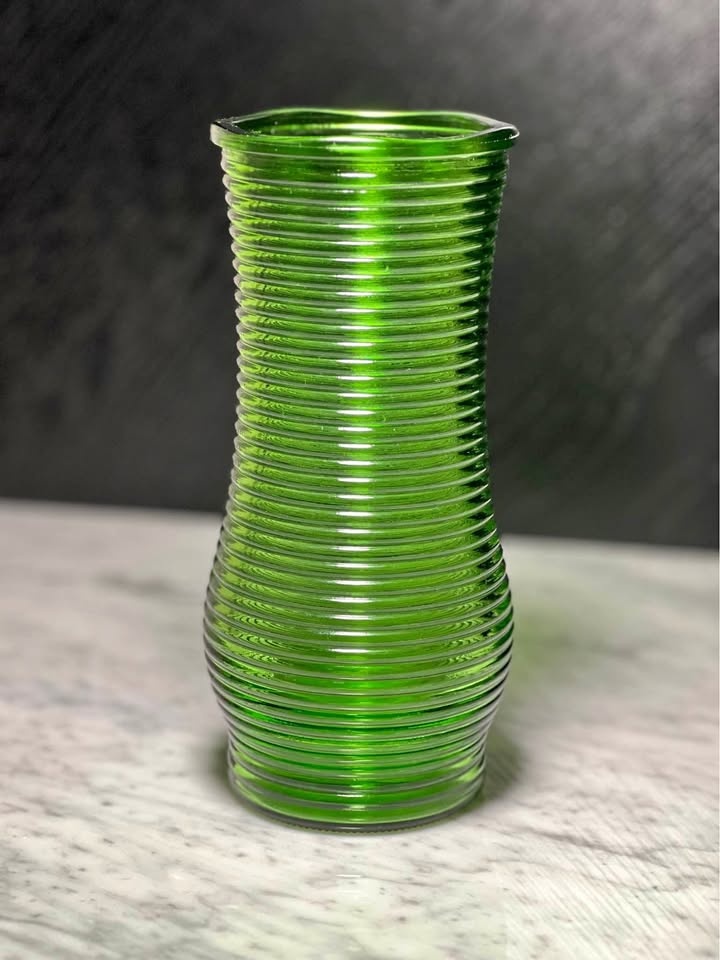 Vintage CFG green horizontal ribbed glass vase