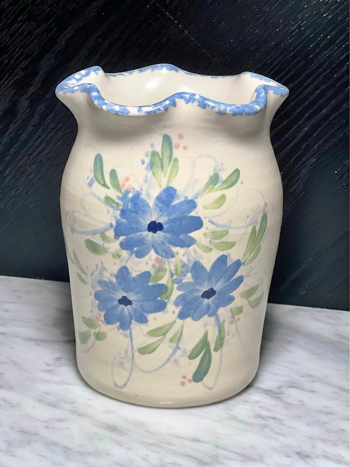 East Texas Pottery ceramic vase with blue floral pattern