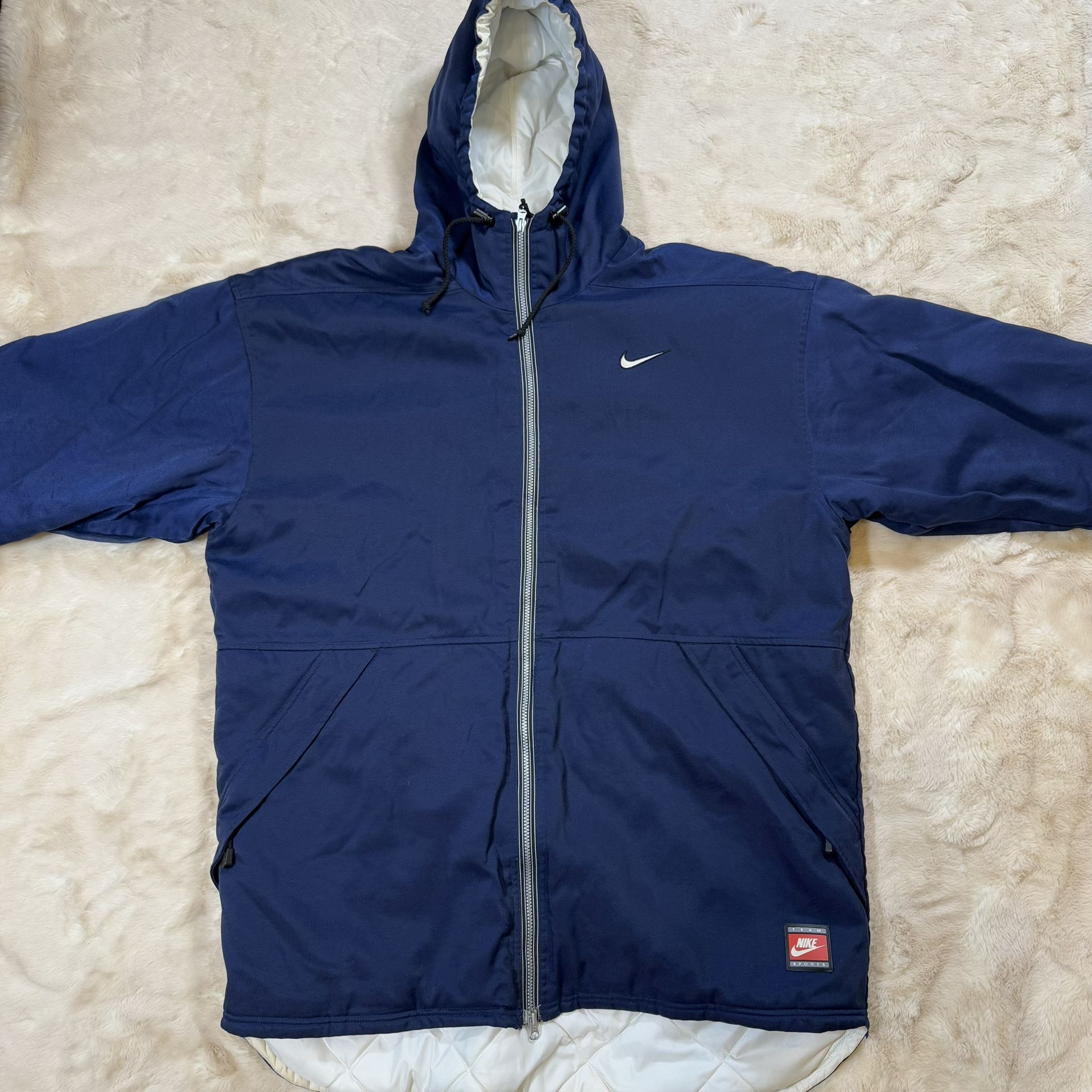 Vintage Men’s Nike Parka XL Logo Navy Blue White Winter Coat - photo 2