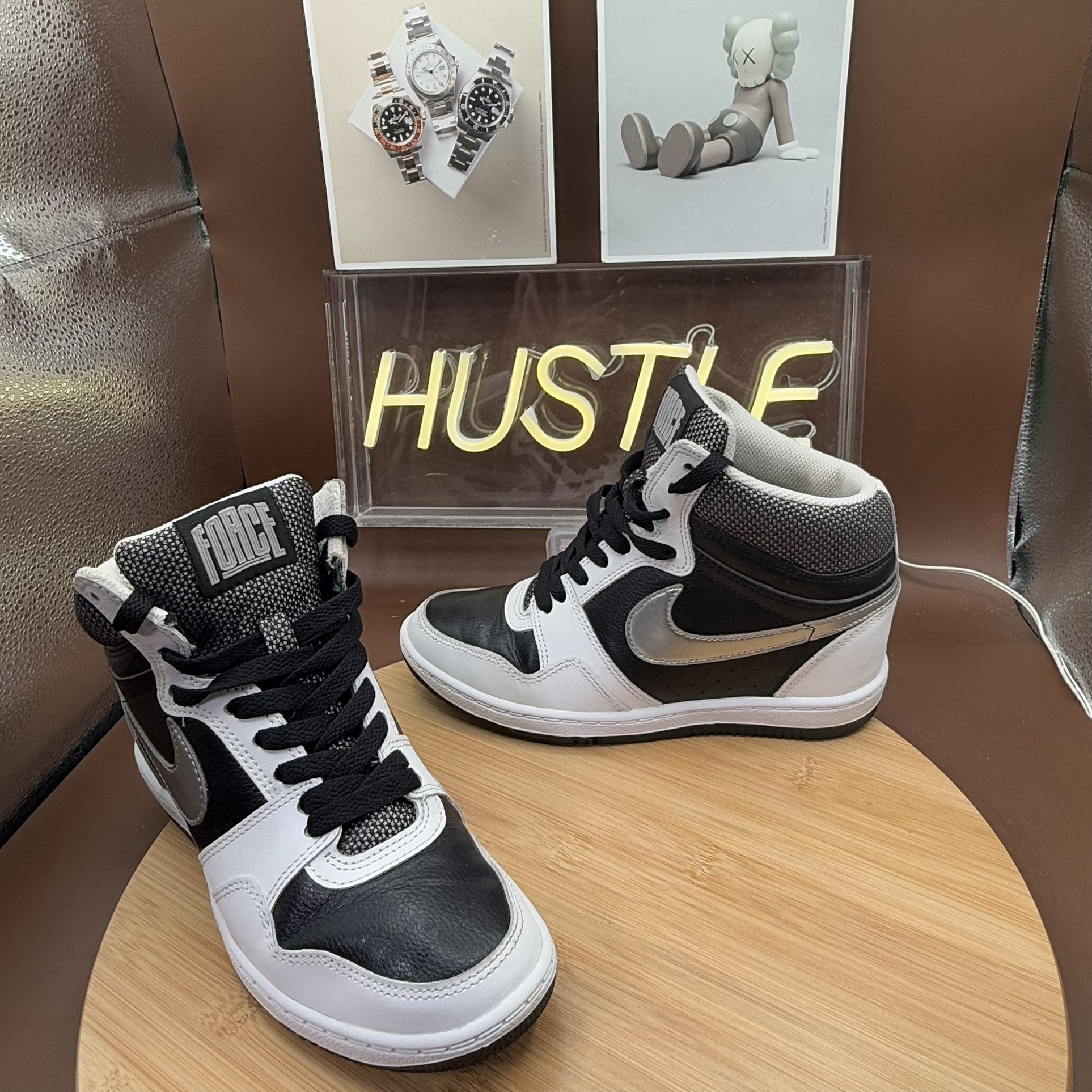 Nike Force Sky High Black Metallic Silver White Hidden Wedge Sz