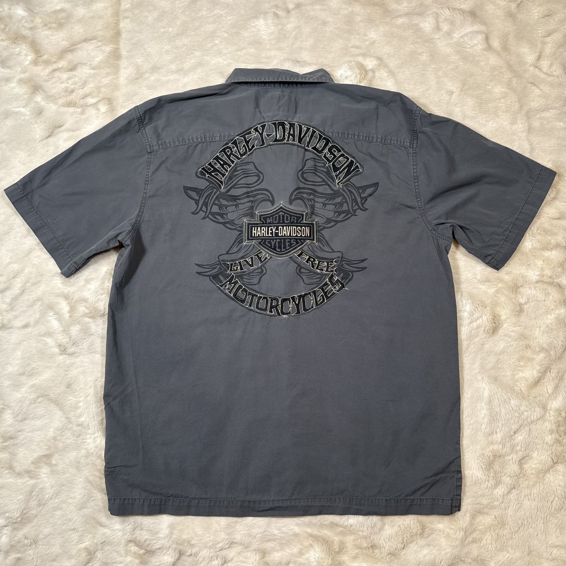 Harley Davidson Men’s L Short Sleeve Button Front Shirt Grey RN#