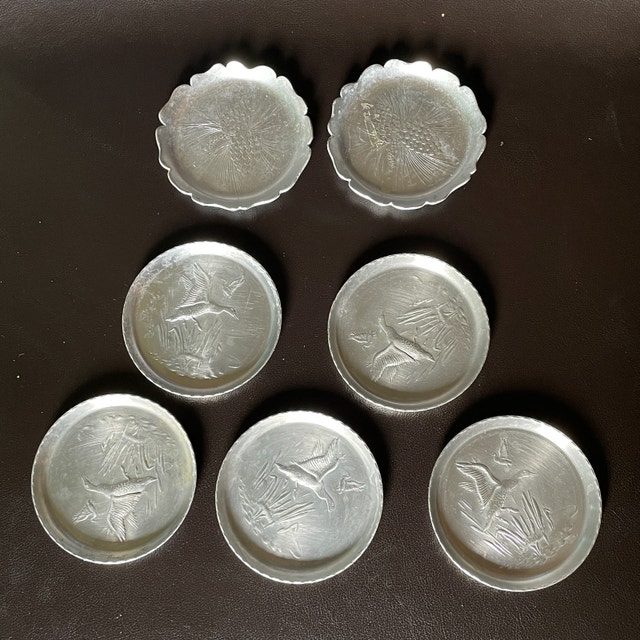 7 Vintage Mid Century 60s Brushed Aluminum Coasters