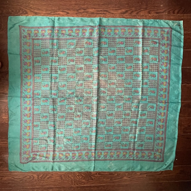 Vintage Turquoise Silk Scarf with Indian Motif-Slight Damage