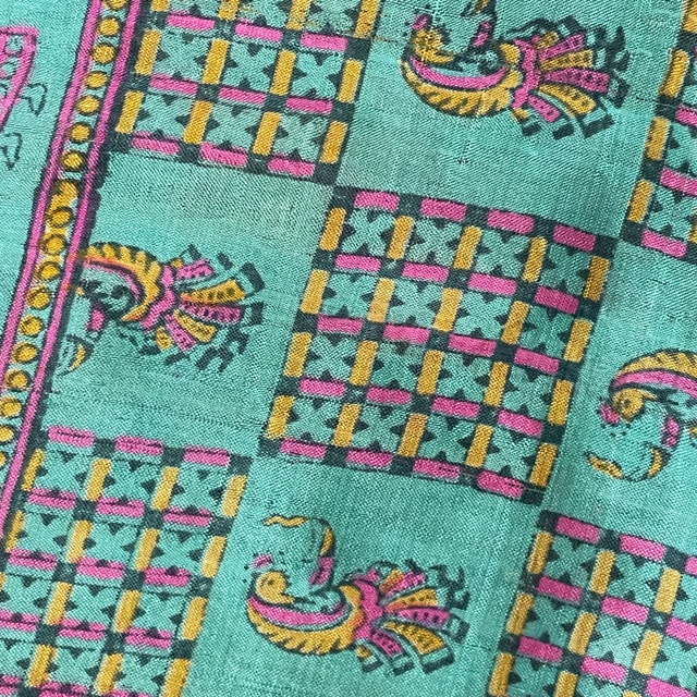 Vintage Turquoise Silk Scarf with Indian Motif-Slight Damage - photo 2