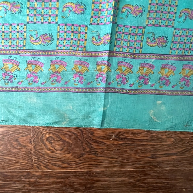 Vintage Turquoise Silk Scarf with Indian Motif-Slight Damage - photo 3