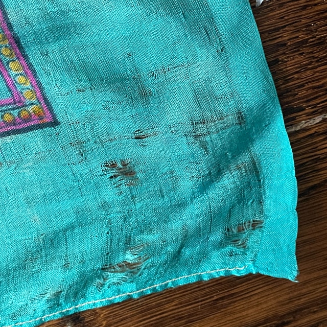 Vintage Turquoise Silk Scarf with Indian Motif-Slight Damage - photo 4