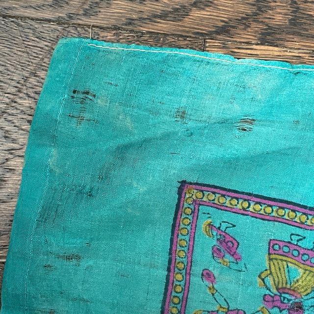 Vintage Turquoise Silk Scarf with Indian Motif-Slight Damage - photo 5