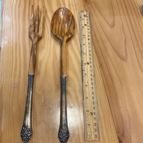 Salad Serving Set Sterling Handles Olive? Wood Baroque