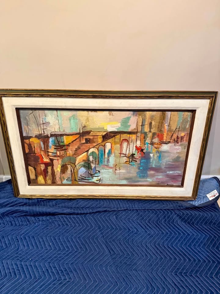 Large Vintage Abstract Cityscape / Harbor Painting – Framed