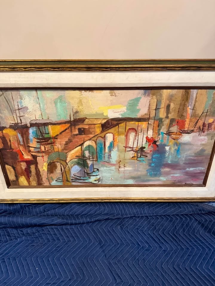 Large Vintage Abstract Cityscape / Harbor Painting – Framed - photo 2