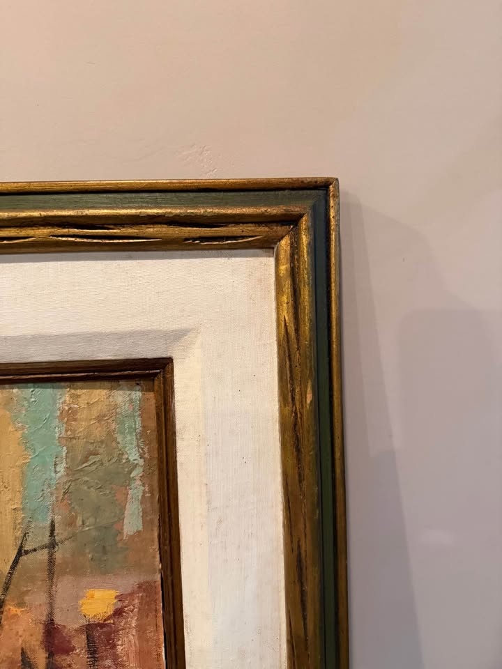Large Vintage Abstract Cityscape / Harbor Painting – Framed - photo 3